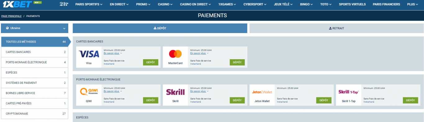 recharger le compte de 1xBet
